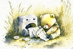 close-up of a cute chibi teddy bear packing piles of white clothes in the forest, laundry machine, grass and flowers next to him, melting watercolour and black ink outlines on wet paper, photorealistic, golden glitters S<AI in sunshine, ethereal, cinematic postprocessing