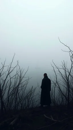 A mysterious man in black standing by the foggy lake black vein, human veins, mixing together a lot of them, like a forest, big and small veins a lot of them. A mist, a boat is coming in dark foggy distance