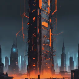 The tall tower with network cyberpunk comics style, with orange