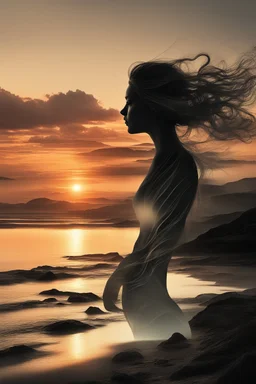 high quality, 8K Ultra HD, A beautiful double exposure that combines an goddess silhouette with sunset coast, sunset coast should serve as the underlying backdrop, with its details incorporated into the goddess , crisp lines, The background is monochrome, sharp focus, double exposure, by yukisakura, awesome full color,