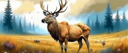 an Elk in a prairie field, detailed fantasy illustration