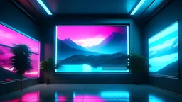 A huge, digital art frame in the centre of a modern art gallery. in tokyo. the space is otherwise empty. the whole space is dark. wide angle. vaporwave ombre rendering. outrun style. by chris moore. ambient occlusion. digital matte painting.