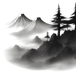 japanese ancient aquarel style, mountains, twisted trees, landscape, fog, misty light, black and white, no contrasts, paper texture background