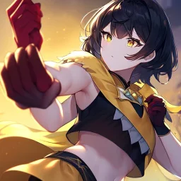 Clear focus,High resolution, Black short fluffy hair, and yellow eyes, wearing a black short skirt, sleeveless crop top, wearing long dark red gloves, yellow cloak, Holding hand out