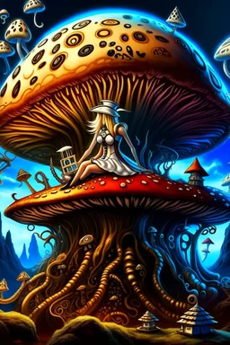 Alice in Wonderland, in a space suit, sitting on a huge mushroom, with tentacles hanging down, in an alien landscape