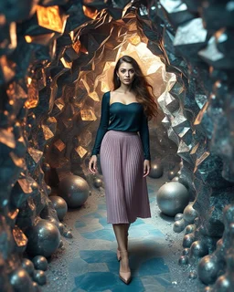 make a picture pretty cave made of crystal and metallic 3d fractal recursive cubic and sphere base structures and a beautiful fashion model lady with cute,with dark cyan decholte top and pretty pleated midi skirt,siver,curvy long hair,makeup, she walks in cave ,dynamic camera fallow her inside cave capturing full body, dynamic lights.