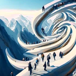 perspective viewpoint in the mountains, in the form of an ascending spiral, people, men, women and children, incredibly hyper-detailed, ZahanHadid style architecture 4k