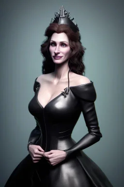 Julia Roberts as evil queen in black leather gown, evil, busty, cleavage, curvy, angry, stern look. character design by cory loftis, fenghua zhong, ryohei hase, ismail inceoglu and ruan jia. unreal engine 5, artistic lighting, highly detailed, photorealistic, fantasy