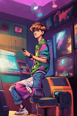 a millineal teenage boy is playing video arcade games, bright colored clothes from the 90s, hairstyles of that time, comic style