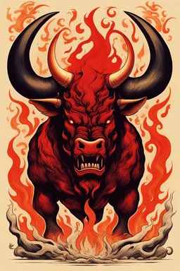 Vintage illustration of a demonic and magical brutal and angry bull made of red flames and fire, savage and obstreperous nature, Tsuguyuki Kubo art, Topcraft, vintage storybook illustration style, ornamental, fantasy folk art, psychedelic theme, inspires by 70s Japanese anime, early Studio Ghibli, fantasy animation cartoon, last unicorn