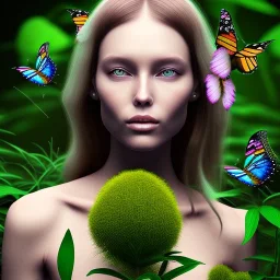 Generates high quality portraits of women covered in various plants, surrounded by forest and butterflies.