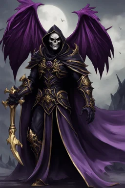 Fry grim reaper knight hero with black wings and cool black plate armor trimmed in gold and purple with a flowing black cape but with a handsome human vampire face