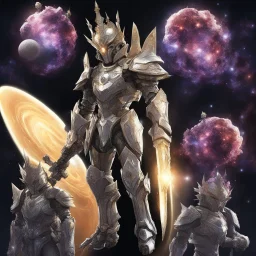 A battle suit made of galaxies and stars with a glove that has seven endless stones Battle armor from the extract of galaxies Battle armor from the extract of galaxies with a fiery sword ,God-like man with infinite power who owns the galaxies and wears a beautiful crown