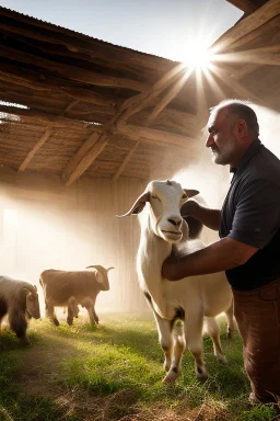 full figure shot photography of a mature strong burly chubby turkish farmer man 48 years old milking goats in a barn, boxer, photorealistic, rays of the sun enter through a window