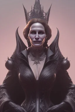 Julia Roberts as evil queen in black leather gown, evil, busty, cleavage, curvy, angry, stern look. character design by cory loftis, fenghua zhong, ryohei hase, ismail inceoglu and ruan jia. unreal engine 5, artistic lighting, highly detailed, photorealistic, fantasy