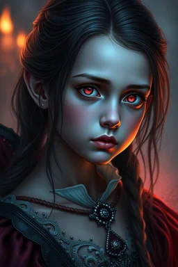 a vampire child, age 13, female, red eyes, attractive, fantasy, medieval, cinematic, digital art, realism