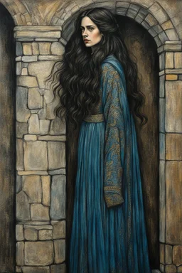 create a 3/4 profile, full body oil pastel of a dark haired, savage, ornately dressed, vampire girl with highly detailed , sharply defined hair and facial features , in a dismal 13th century crypt in the Pre-Raphaelite style of JOHN WILLIAM WATERHOUSE