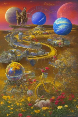 A weird abstract image of an oasis, a camel, astronot, broken bicycle, bush of yellow roses, clear skies with red moon, army tanker, weird, chaos80, surrealism