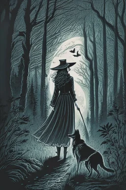 in the style of a Henry Justice Ford drawing, a beautiful witch walks through a dark forest, a dog is standing on the horizon waiting for her