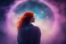 redhead auburn woman silluate, view of her back, looking into space mystic, colorful fog and stars unknown. she's happy. looking into a circle. fog colors are purple and blue