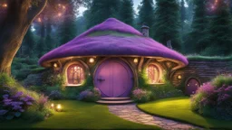 hobbit cottage in the woods surrounded by trees with fairy lights with a whimsical like feel, with pinks, blues, purple colors, circular hobbit-style door, circular hobbit-style windows, green grass roof, fairy lights, illustration