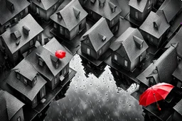 top-down view of a grayscale wet city street with houses, rain, one red umbrella, surreal style, dark mood