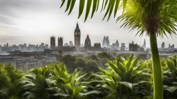 City of London, Big Ben, Tower Bridge, Shard, Gherkin, etc. overgrown with a jungle of banana trees, award winning photograph