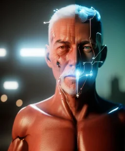 Ultra realistic photographic night portrait, cinematic, naked, all shaved <strong man> <hanging wires> many wires coming out of the head <perfect pupil> <cyborg> <garage> <long shot view> <sci-fi futuristic> <thriller>, fog, soft color, highly detailed, unreal engine 5, ray tracing, RTX, lumen lighting, ultra detail, volumetric lighting, high definition.