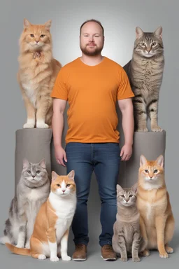 Jon Arbuckle and his pets, a big, fat, orange tabby cat named Garfield, a small, beagle dog named Odie, and a small gray tabby cat named Nermal - gradated Background, professional quality studio 8x10 UHD Digital photograph, multicolored spotlight, Photorealistic, realistic stock photo, Professional quality Photograph. colored Fog - Multicolored lighting,