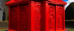 An orangish red vault made out of brimstone designed in Maori sculptures