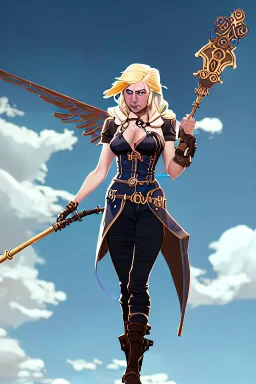 blue sky clouds, happy blonde steampunk angel holding staff