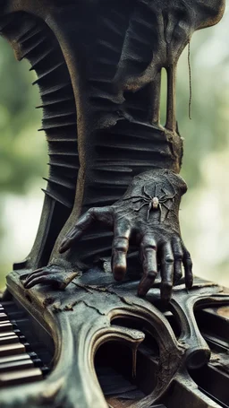 Ugly , Evil rusted hands on an old piano keyboard with spider on the keyboard