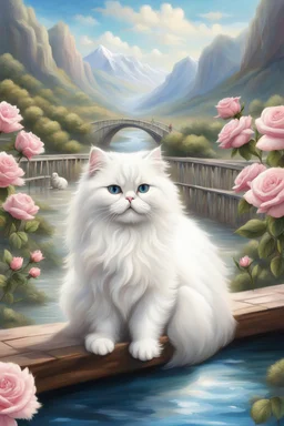 in the center: beautiful fat fluffy white persian cats with babys, with green and blue eyes, sitting on a bridge, under the brigde flows a small blue river; background: landscape with dramatic mountains and white clouds, butterflys flying in the sky; first plan: pink roses;