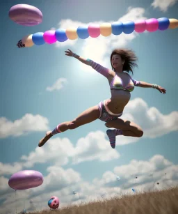 Ultra realistic speed clouds sky scene, wide angle view, sweet women falling down, Childs, feather inflatable color clothing, free jumping flying, many trinkets, hair monster, many jelly beans, balls, color smoke, smile, happy, circus style, extreme, wind, clouds sea, 20,000 feet altitude, stratosphere, soft color, highly detailed, unreal engine 5, ray tracing, RTX, lumen lighting, ultra detail, volumetric lighting, 3d, finely drawn, high definition, high resolution.