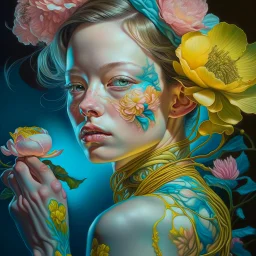 PHOTOREALISTIC PORTRAIT OF A GIRL of Cirque dU soleil, WALKING ON THE SHORE AT THE MOONLIGHT, AND EMBRACING PINK YELLOW PEONIES, VIVID colors: torquoise, pale salmon, persimmon, grey-green , pale lemon yellow, greenish gold, metallic bronze. ULTRA detailed; CORRECT anatomy, FACE and eyes, HIGH RESOLUTION AND DETAILS, HIGH DEFINITION, STYLE BY RAFFAELLO, MICHELANGELO, KAROL BAK, ANDY WARHOL, Anna Dittmann