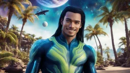 beautiful gorgeous young man na'vi with long hair, Avatar, blue skin, two small ears, green eyes, black hair, in cosmic suit, galactic ambiance, medium pointy goatee , smiling, with spaceship and planets and palm trees and clear crystaline cosmic beach in background