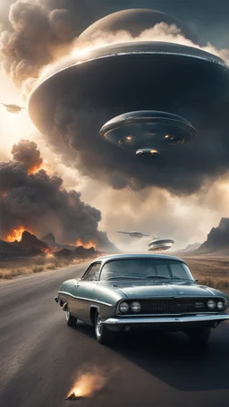 The image shows a photograph with a science fiction theme. Reflected in a side-view mirror, we see a classic car with passengers, driving on a desolate road. In the background, a large UFO hovers in the sky while multiple explosions erupt in the distance, sending up clouds of smoke and fire. The mirror's border frames this chaotic scene, juxtaposing a calm, seemingly oblivious drive with the dramatic events unfolding behind. The aged effect of the photo adds a layer of nostalgia to t