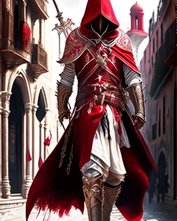 Assassin creed con dagas y espadas detalles en los pantalones en el pecho y en las botas caminando por Venezia capa arte digital hiperdetallado detalles intrincados obra de arte blanco rojo 8k