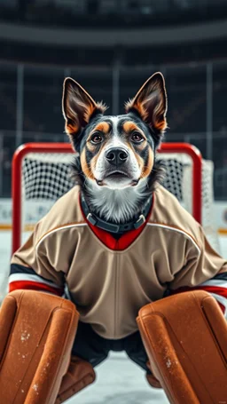 yorkton terriers hockey goalie in front of goal, with the head of a tarrier dog
