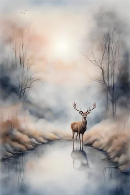 The place where the Dream and its followers live. A reflection of the sky. Watercolour, fine drawing, beautiful landscape with deer, lots of details, delicate sensuality, realistic, high quality, work of art, hyperdetalization, professional, filigree, hazy haze, hyperrealism, professional, transparent, delicate pastel tones, back lighting, contrast, fantastic, nature+space, Milky Way, fabulous, unreal, translucent, glowing,