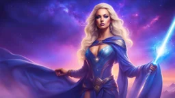 Full body portrait of a peaceful ((smiling)) gorgeous blonde Goddess of the galaxies with a blue indigo purple skin, high skul, luminous eyes in a galactic sunset