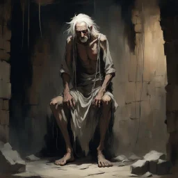 digital illustration, centered in the composition is full body portrait of an emaciated old man with long stringy white hair in tattered rags shackled by the arms held above his head to stone wall in a creepy dungeon, dim lighting, walls are moist, dramatic, by Ashley Wood, style of Frank Frazetta