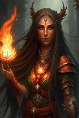 Female eladrin druid that has fire abilities. Long hair that has fire texture. Has a big scar on face after a animal attack.