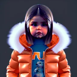 Selena Gomez toddler, full body, orange puffer jacket, hyper realistic, unreal engine 5,