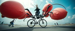 pinhole cam, airbrush 3d rendering, big tics and an acrobatic cyberpunk robot The ninja priest Mantis ballooner, huge mech 🦗🥊 A bizarre upright flying hydraulic bicycle-creature, front wheel replaced by articulated mantis-like arms carrying enormous inflatable pillows, looking far too serious about complying with official pillow-fighting regulations.