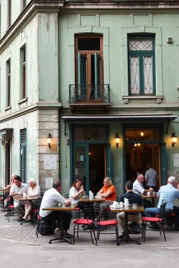 People sitting on tables having diner in front An old abandoned building with green walls