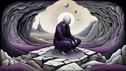 inner world ,a nonbinary human figure crouched in the middle of a multi-layered thick amorphous block of stone consisting of several layers, the outer material of the stone is cracked, , weird whimsical landscape, dark purple, gray, black, white, brown. Whimsical style of Chagall , of Minjae Lee and Anton Semenov, lonely with absurd beauty. broken, weird bizarre absurd nightmare, neuron network background, surreal vibe