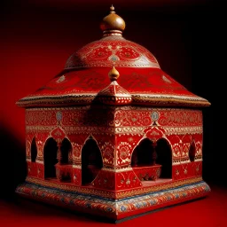 A red frantic volcanic factory with furnaces designed in Mehndi design painted by Peter Carl Faberge