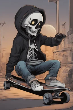 a cute animation boy, skateboarding , trendy hoody, 8 k, tim Burton skeleton style from the movie "night before Xmas", realistic animation, gothic