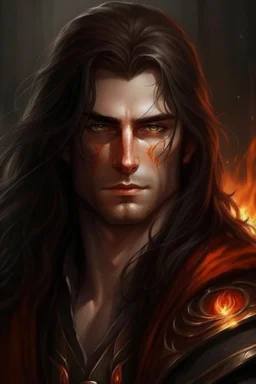Portrait of a fantasy male elf, Warrior, fiery look, long Brown hair,